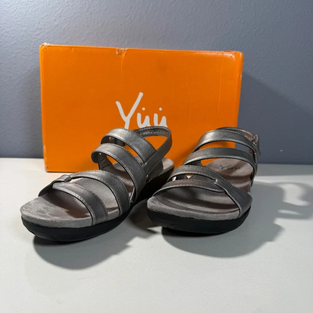 Yuu Janne‎ Women Metallic Pewter Wedge Sandals Strappy Slingback 6M BTS16-10422
